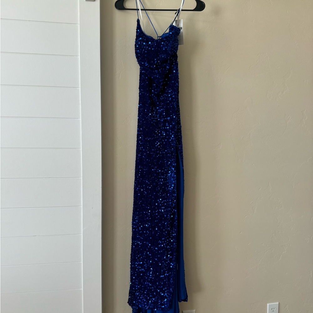 Navy Blue sparkly prom dress w slit, criss cross tie back, size 2, new